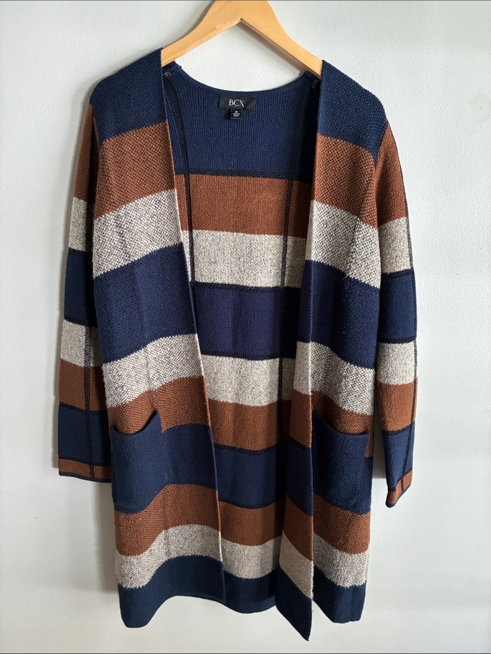 Color Block Long Cardigan Sweater Womens M Open Front Navy Brown Boho Fall